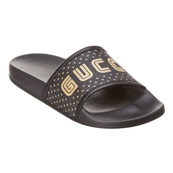 GUCCI X SEGA Supreme Canvas GUCCY Stars Womens Slide Sandals 39 Black Gold - Picture 2 of 10